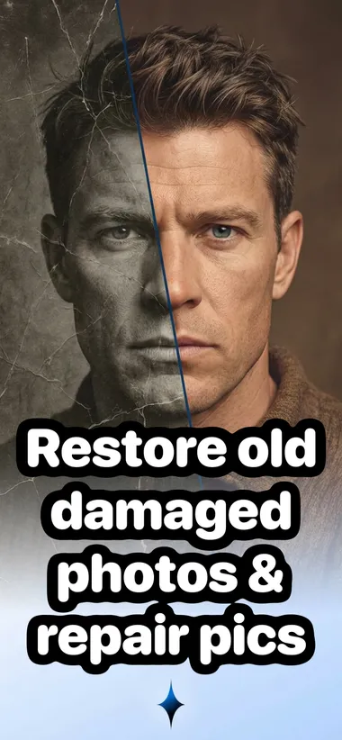 Aion App Store screenshot: a damaged black-and-white portrait next to the same face restored in color