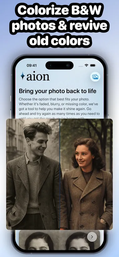 Aion app screen for colorizing: a black-and-white photo of a couple next to the same photo in natural color