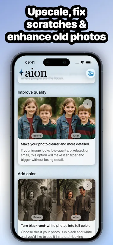 Aion's treatment picker showing the Improve quality and Add color tools with before and after examples