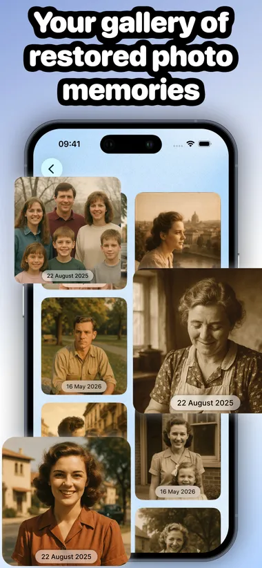 Aion's in-app gallery with restored family photos organized by date